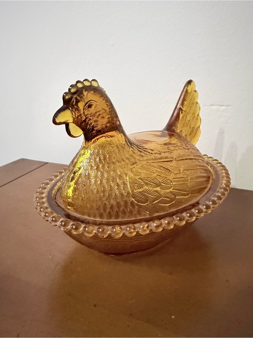 Vintage Indiana Glass Amber Hen On Nest Covered Dish with Beaded Edge 7” Grandma
